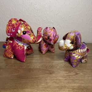 Lot of 3 Elephant Stuffed Cotton Fabric Ornate Flower Printed Thai  6"  & 4.5"